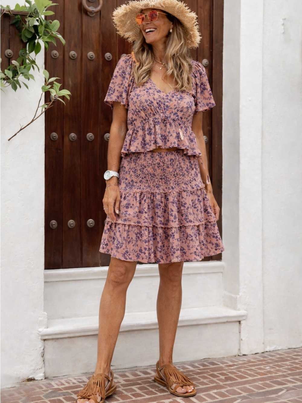 ☀️ NWT Floral Tiered Mini Skirt Set in Dusty Rose - Women's Two-Piece - Picture 3 of 6